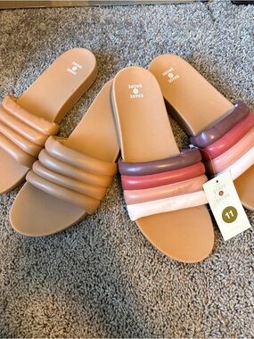 TWO PAIRS Shade & Shore Women's Padded Slide Sandals in Tan with Pink